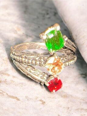 Trio Multi-Gemstack Ring in Green, Orange, and Red